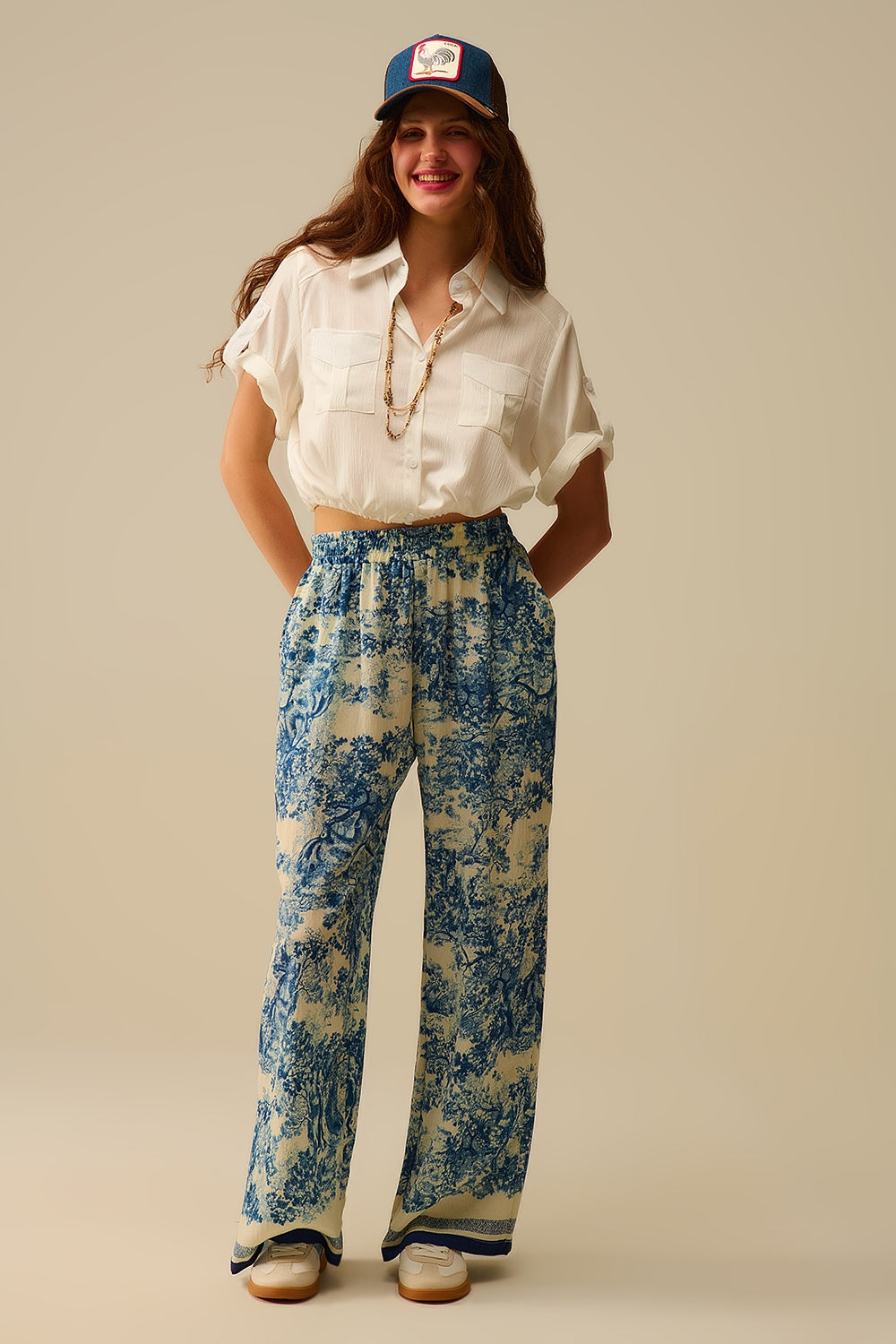 Flowy Toile de Jouy Printed Trousers with Elastic Waist - trousers
