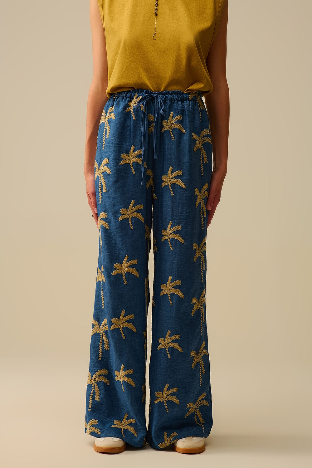 Blue Wide-Leg Trousers with beige Palm Tree Embroidery - trousers