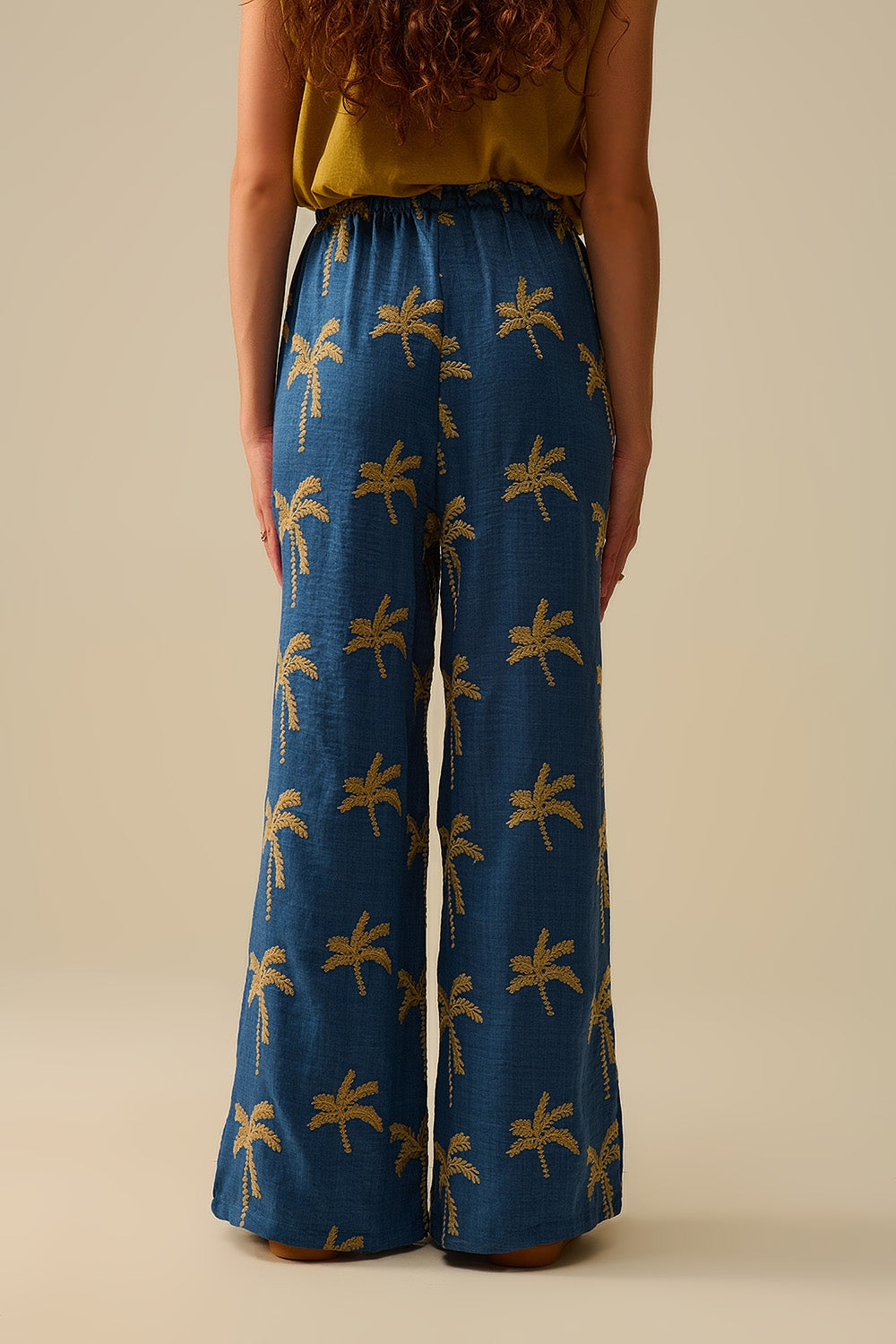 Blue Wide-Leg Trousers with beige Palm Tree Embroidery - trousers