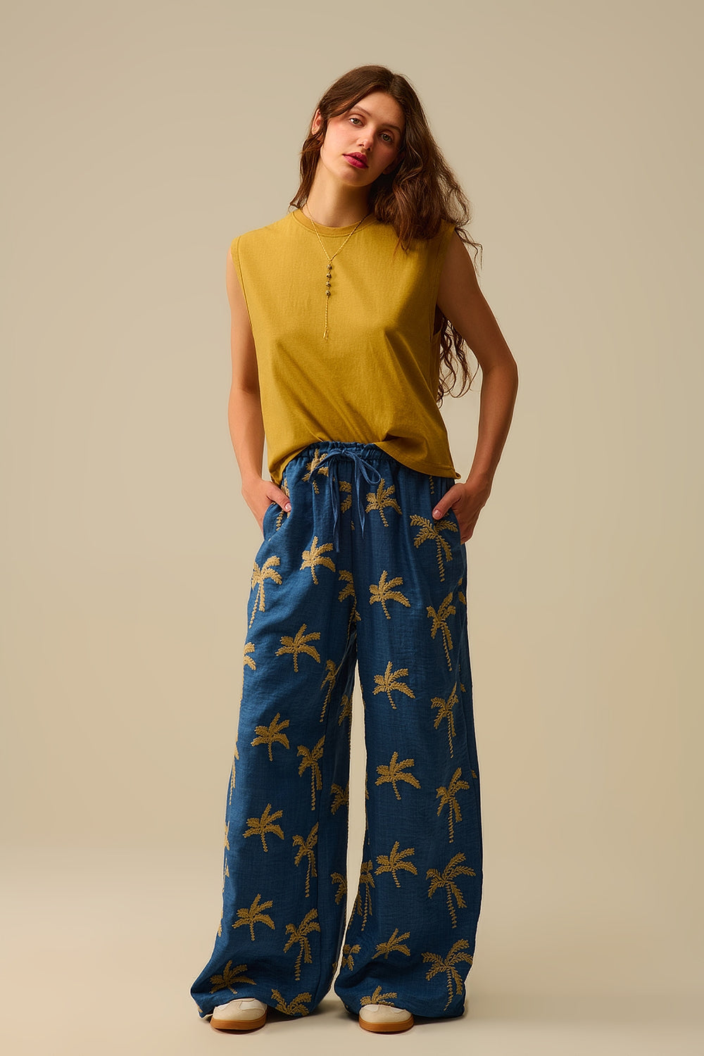 Blue Wide-Leg Trousers with beige Palm Tree Embroidery - trousers