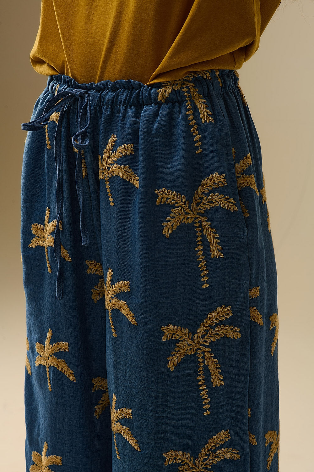 Blue Wide-Leg Trousers with beige Palm Tree Embroidery - trousers