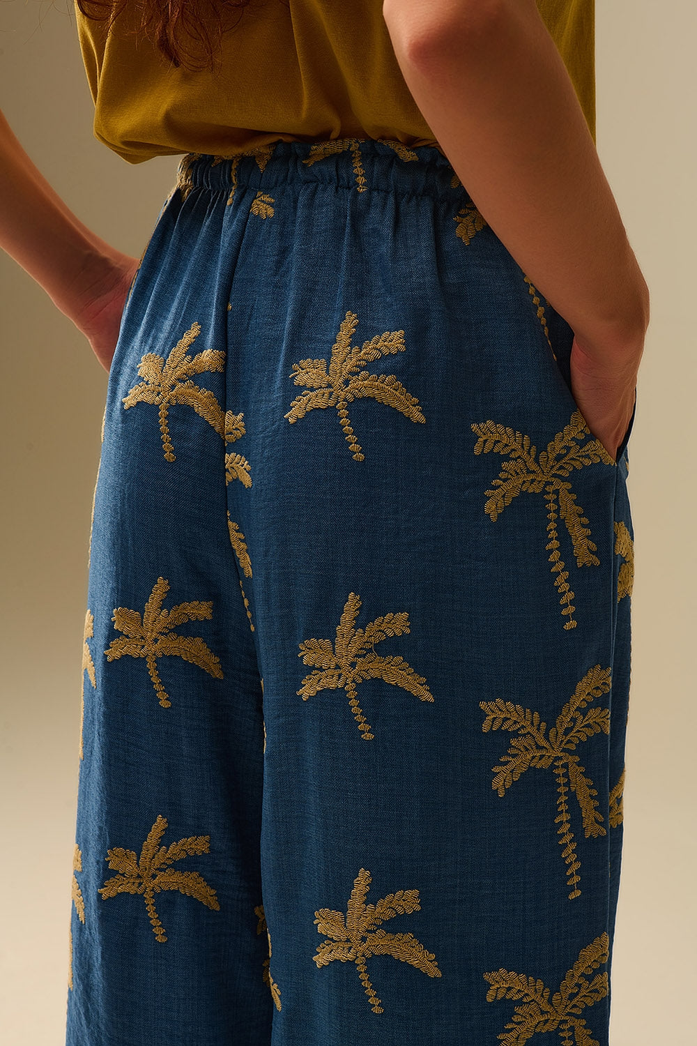 Blue Wide-Leg Trousers with beige Palm Tree Embroidery - trousers