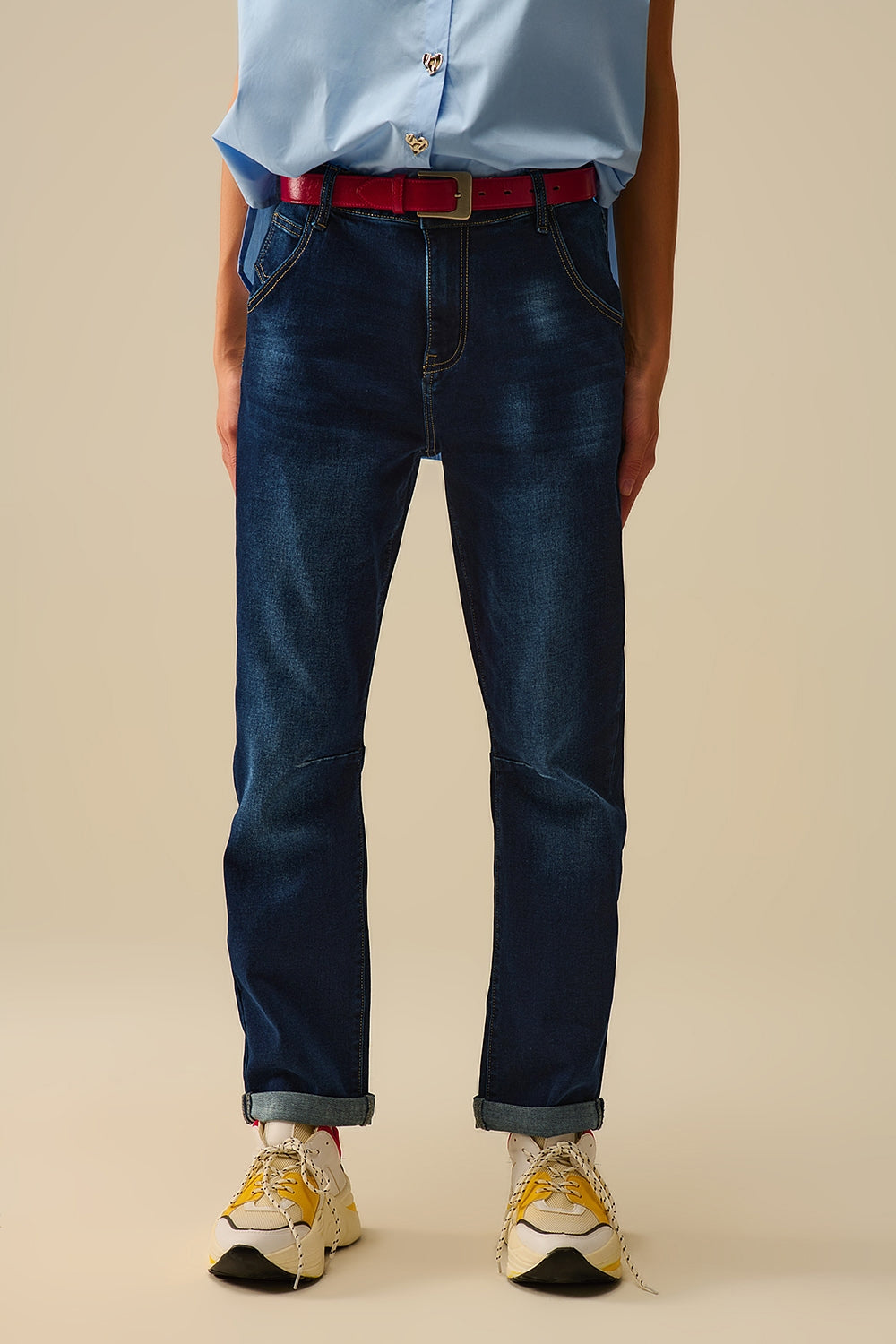 Dark wash jeans with contrast stitching and cuffed hems - Denim