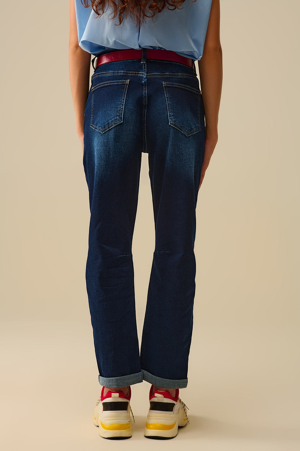 Dark wash jeans with contrast stitching and cuffed hems - Denim