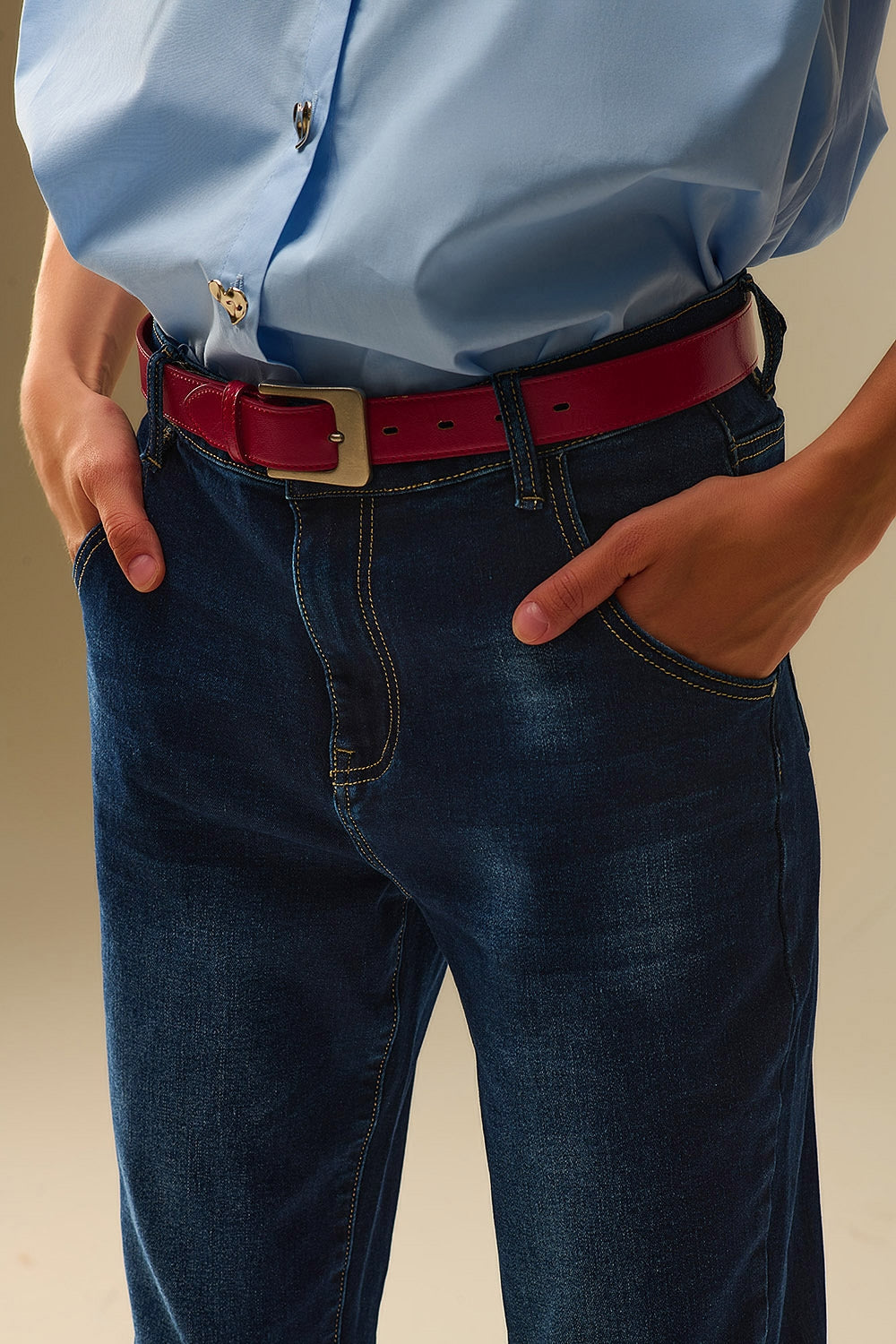 Dark wash jeans with contrast stitching and cuffed hems - Denim