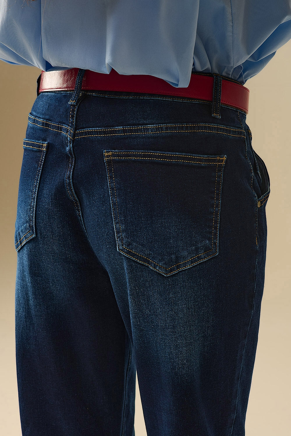 Dark wash jeans with contrast stitching and cuffed hems - Denim