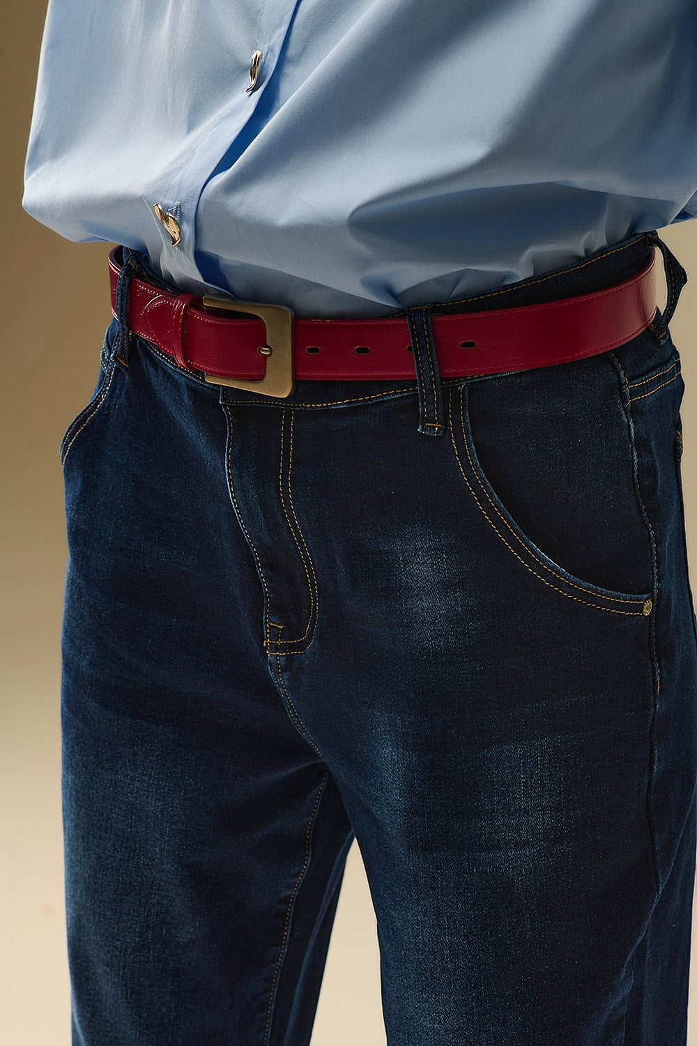 Dark wash jeans with contrast stitching and cuffed hems - Denim