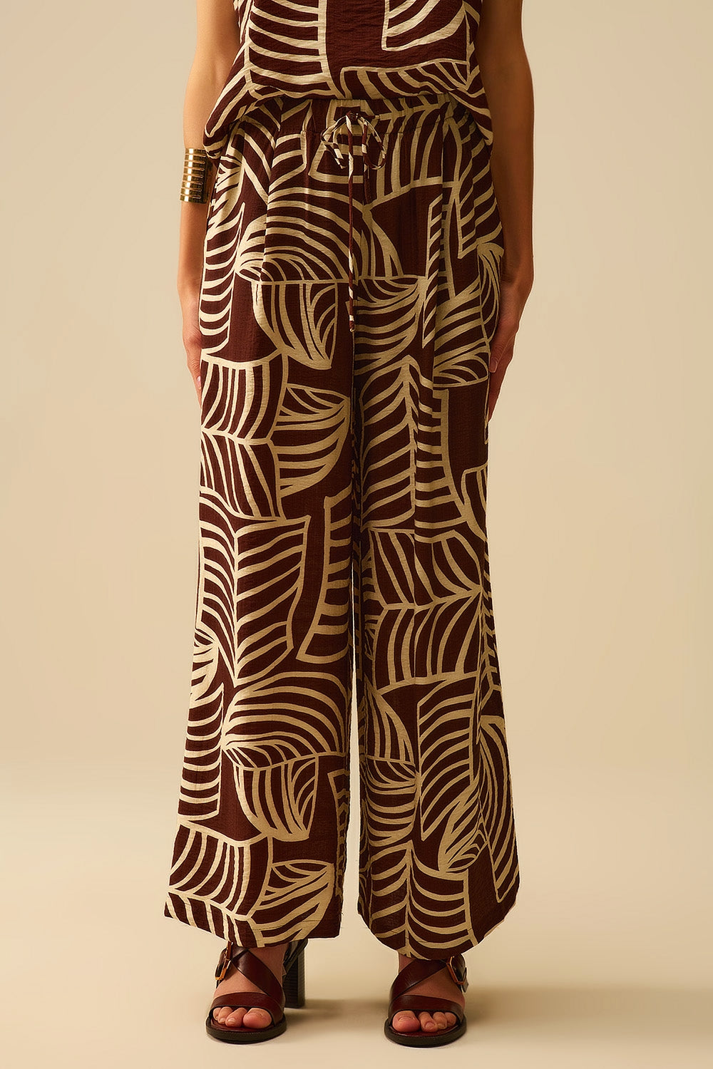 Brown Wide Leg Trousers with White Leaf Print - trousers