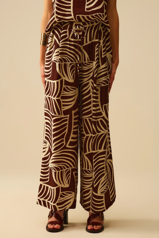 Brown Wide Leg Trousers with White Leaf Print - trousers