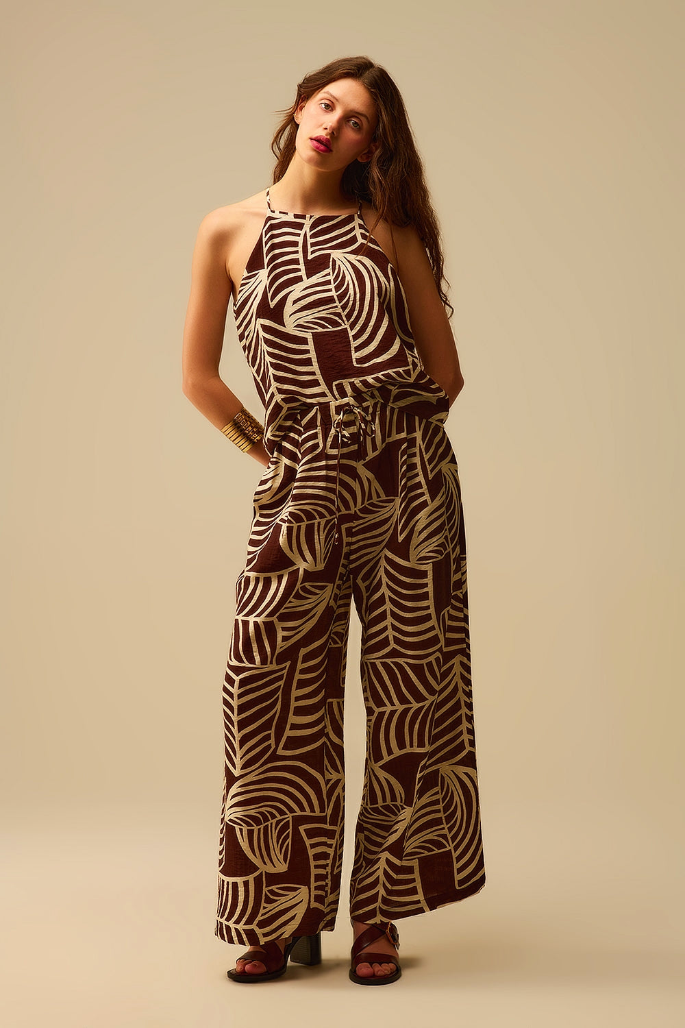 Brown Wide Leg Trousers with White Leaf Print - trousers