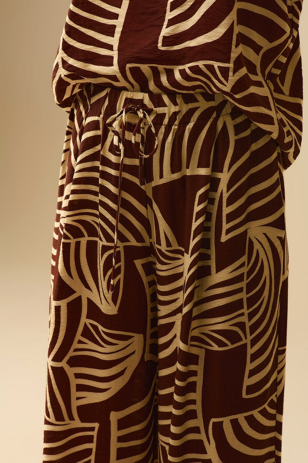 Brown Wide Leg Trousers with White Leaf Print - trousers