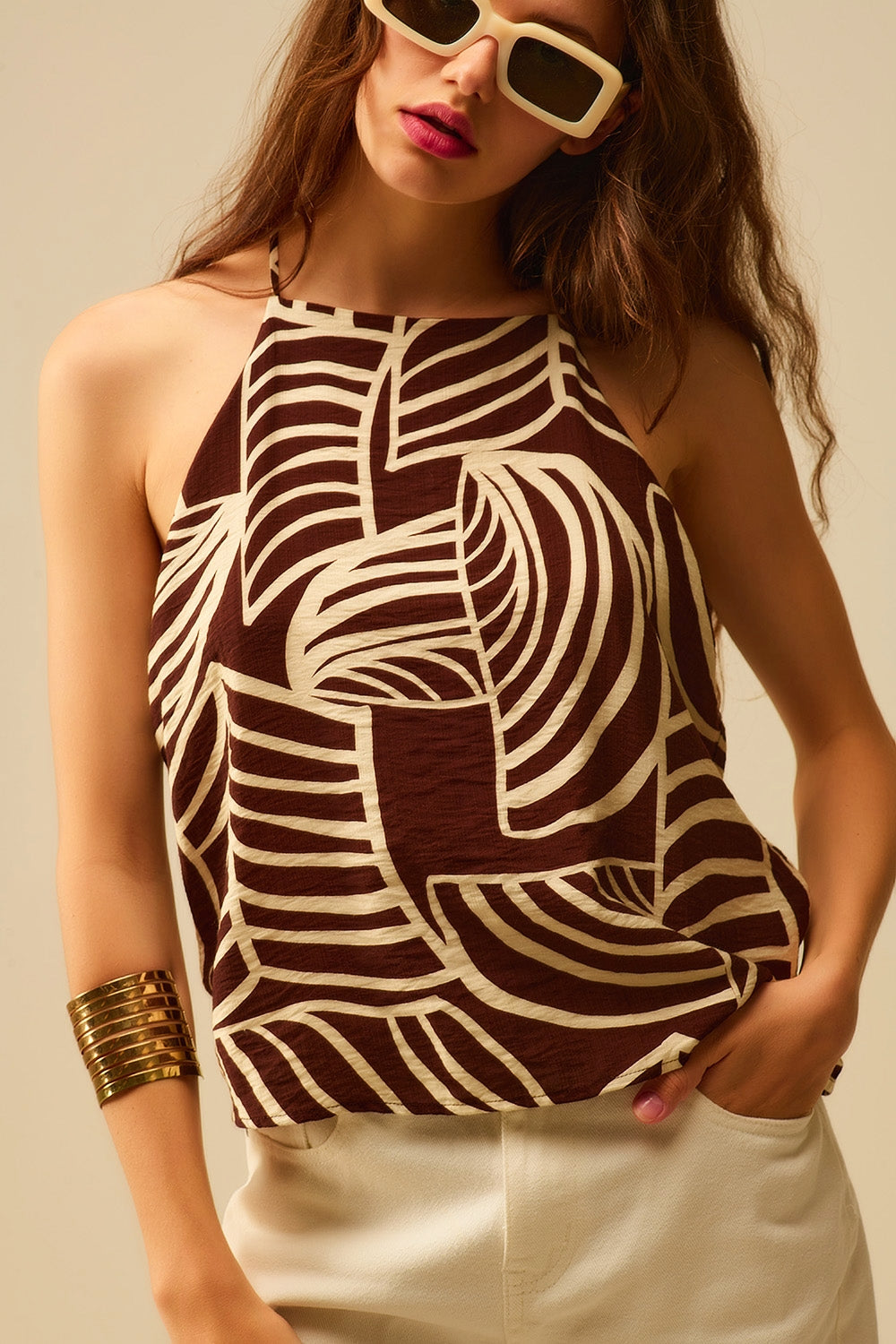 Brown Sleeveless Halter Top with White Leaf Print - top