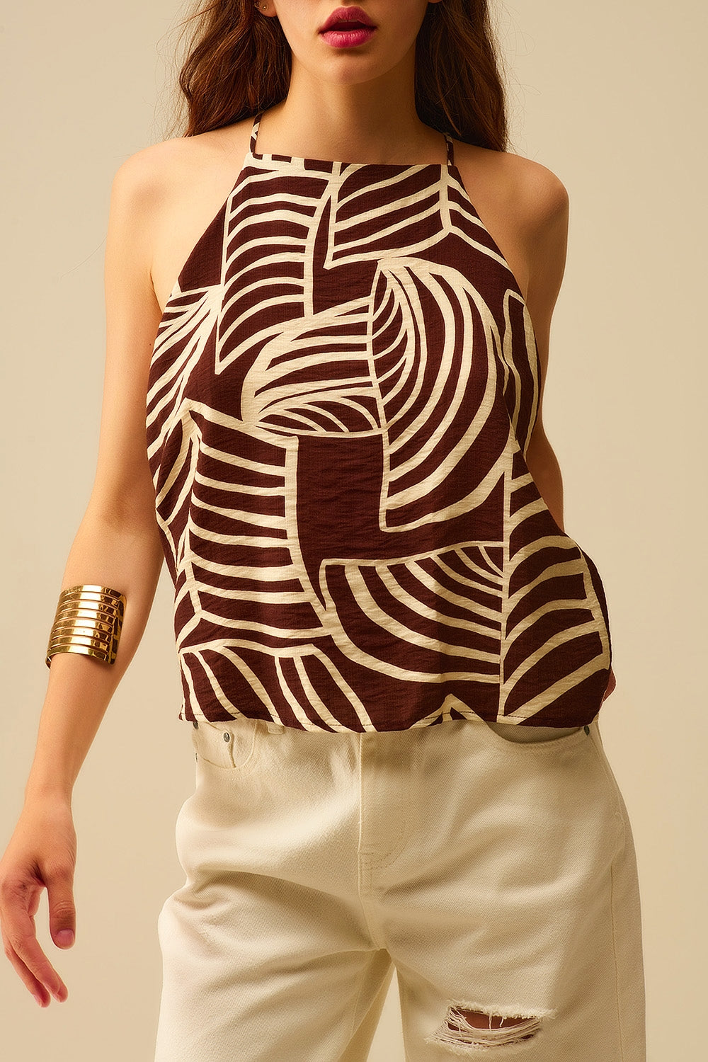 Brown Sleeveless Halter Top with White Leaf Print - top
