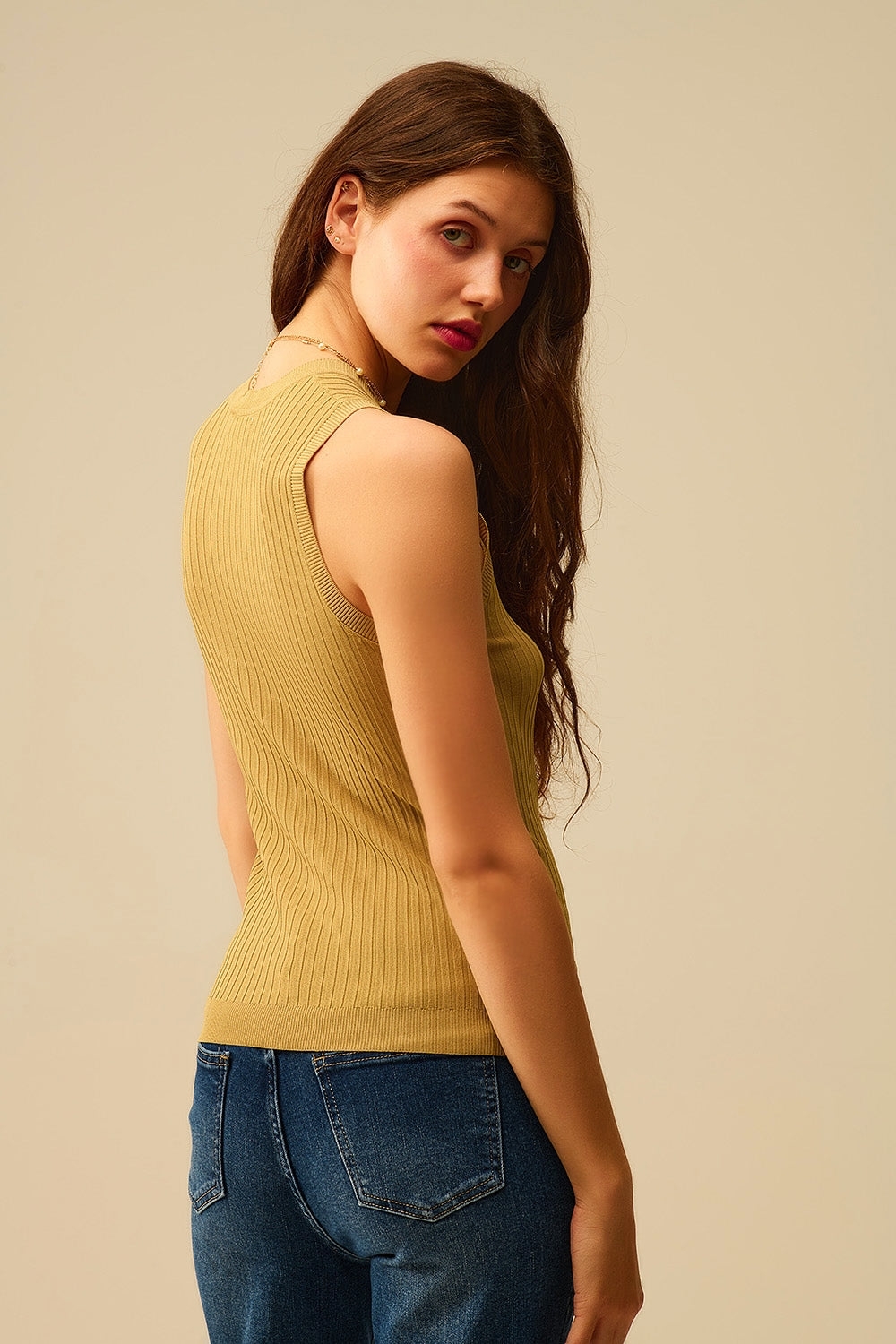 Sleeveless Ribbed knitted Top In camel - Jumpers