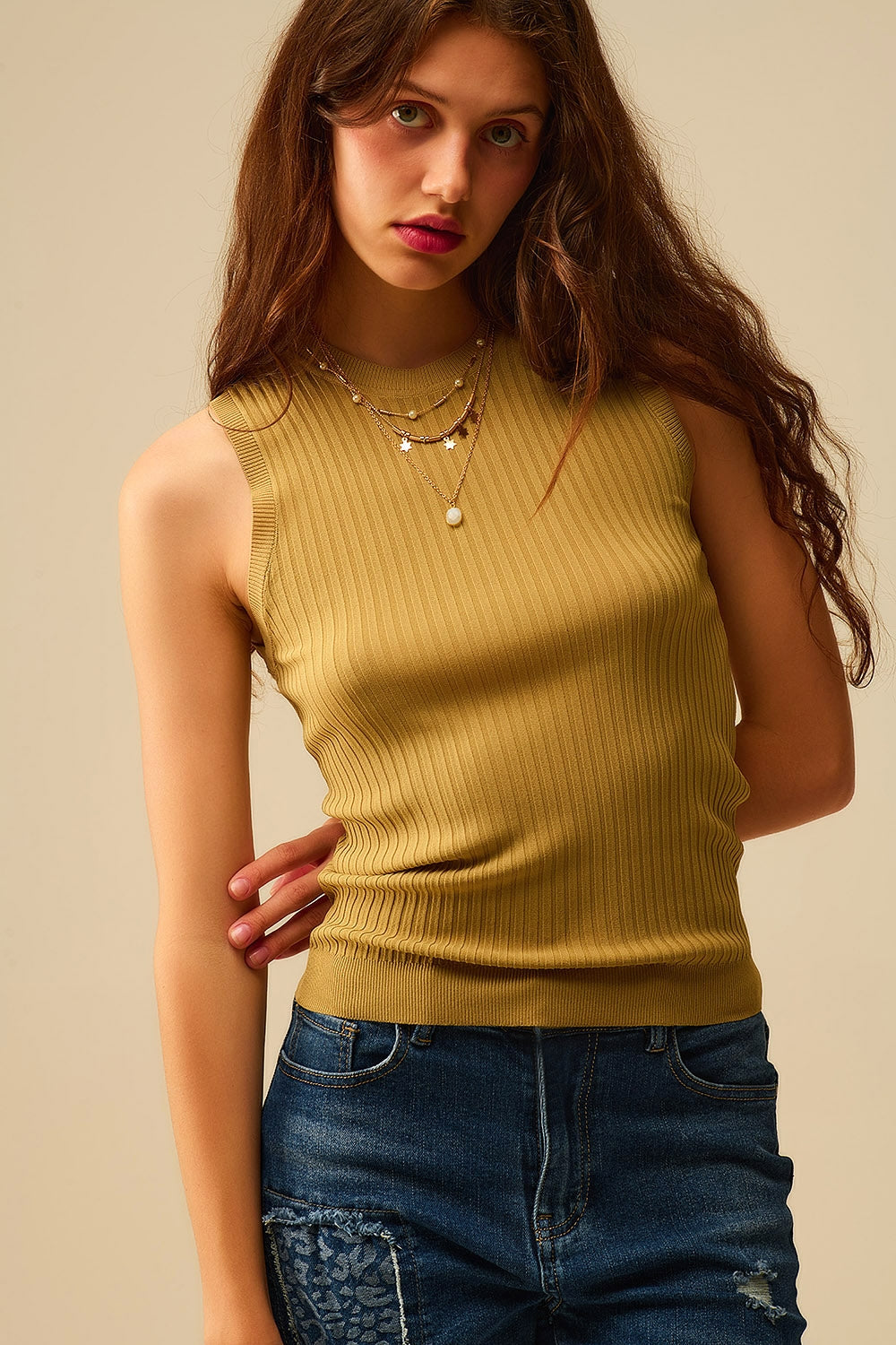 Sleeveless Ribbed knitted Top In camel - Jumpers