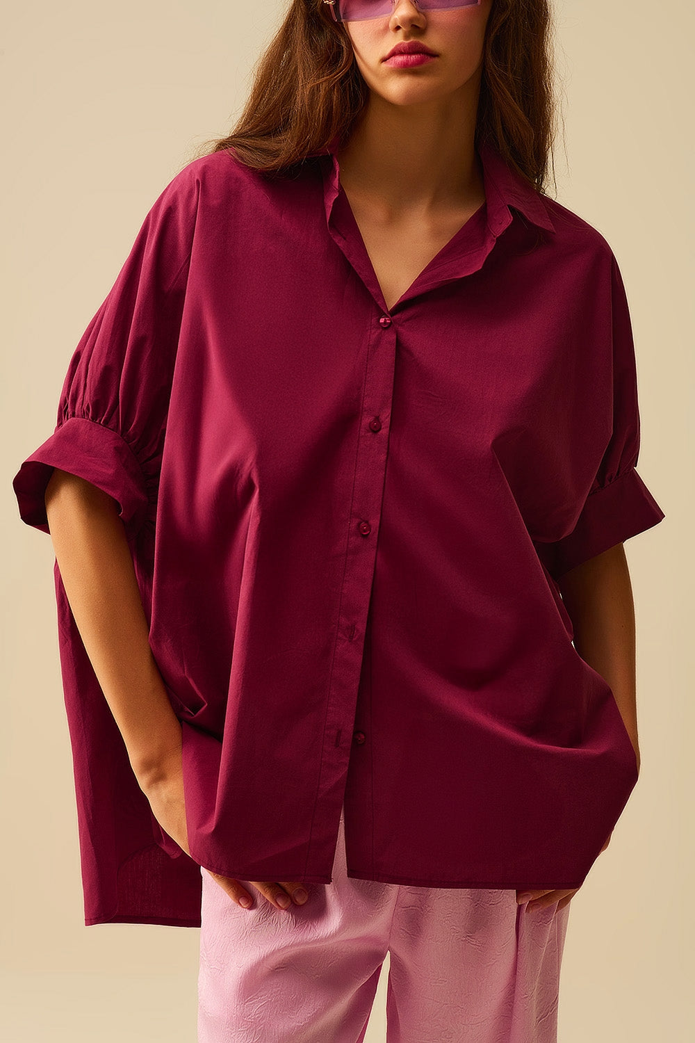 Burgundy Oversized Blouse with Short Sleeve - Shirts