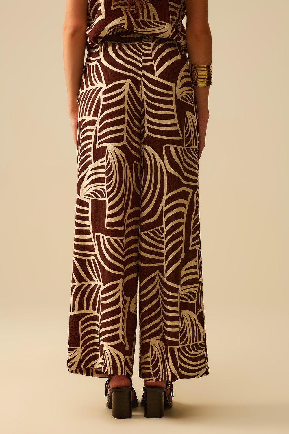 Brown Wide Leg Trousers with White Leaf Print - trousers