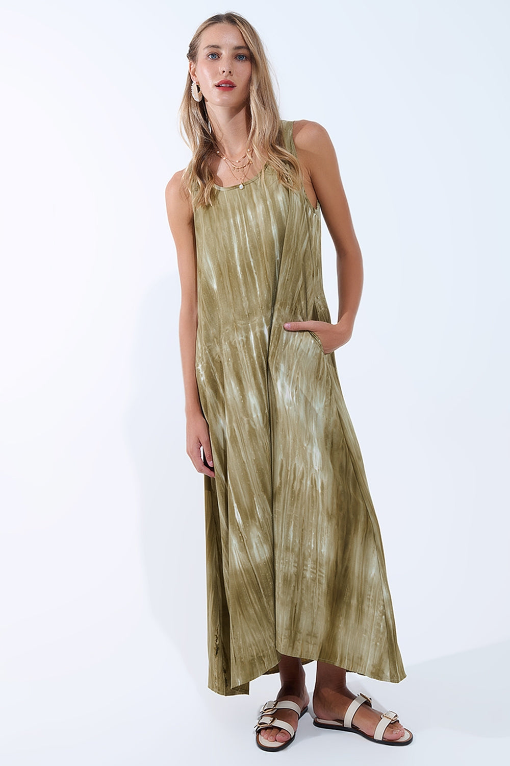 Robe décontractée bohème vert kaki tie-dye en tissu de haute qualité