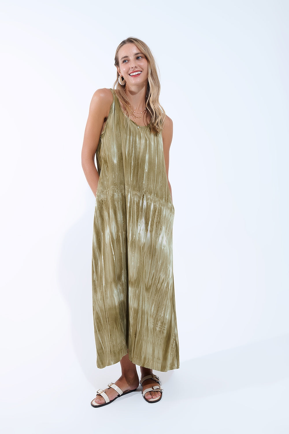 Boho Relaxed Dress in Kakhi Green Tie Dye in high quality fabric - dress