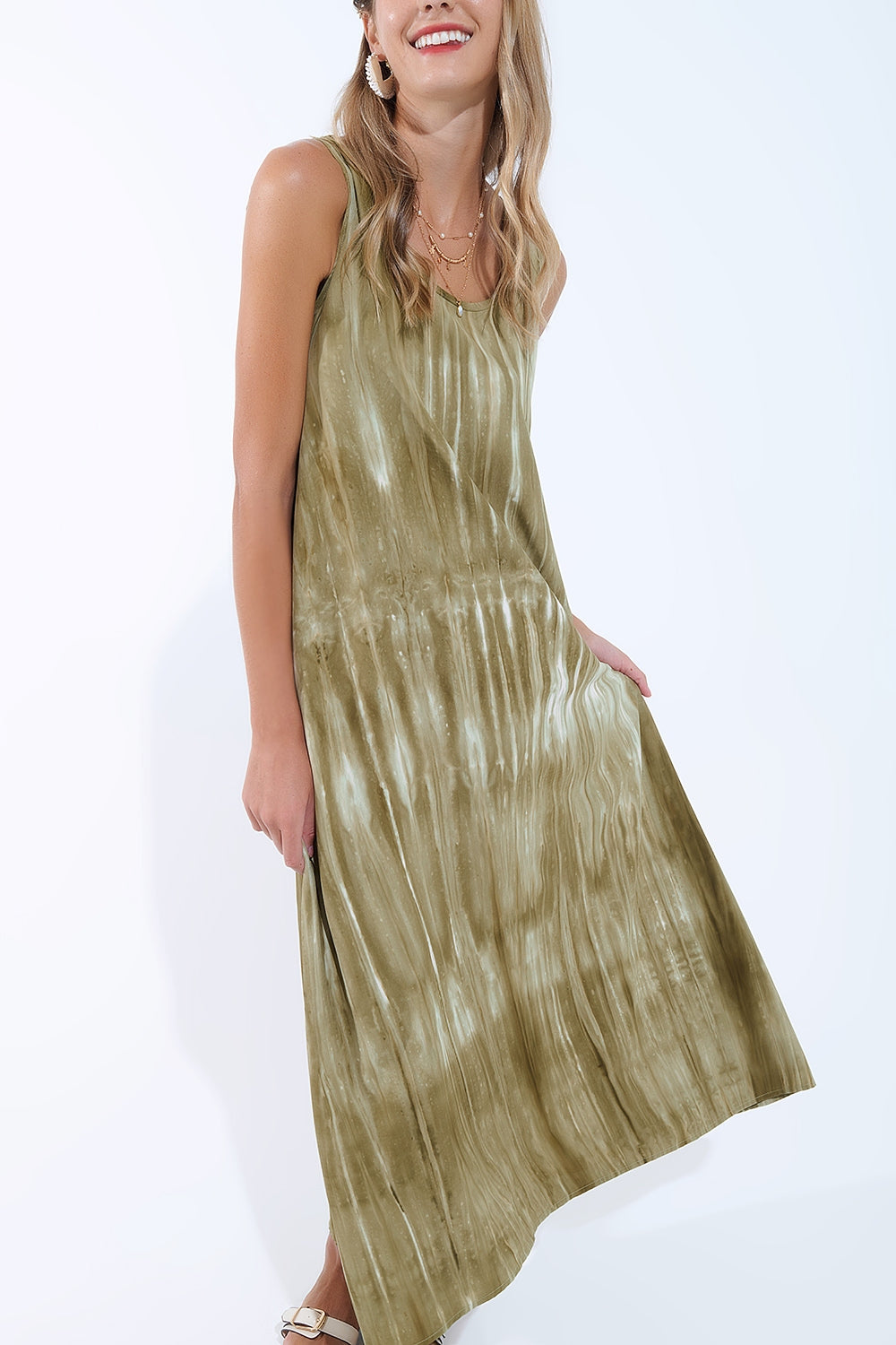 Boho Relaxed Dress in Kakhi Green Tie Dye in high quality fabric - dress