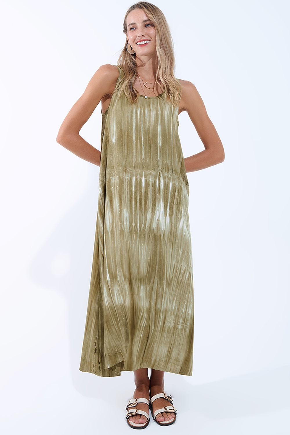 Boho Relaxed Dress in Kakhi Green Tie Dye in high quality fabric - dress