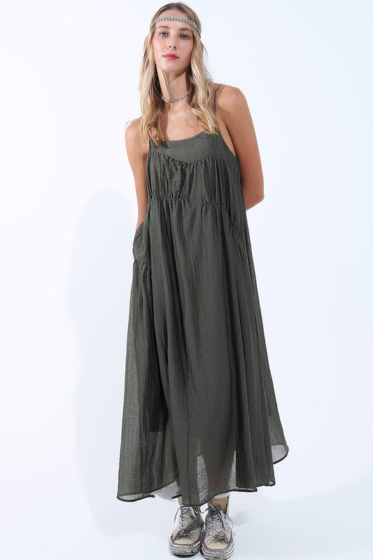 Khaki Midi Dress with Thin Straps and Crinkled Detail - dress