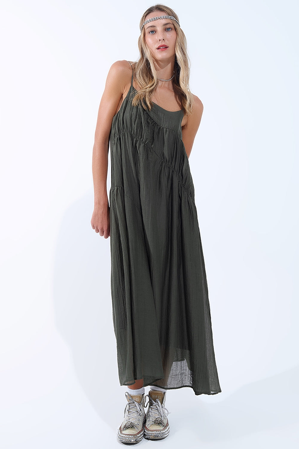 Khaki Midi Dress with Thin Straps and Crinkled Detail - dress