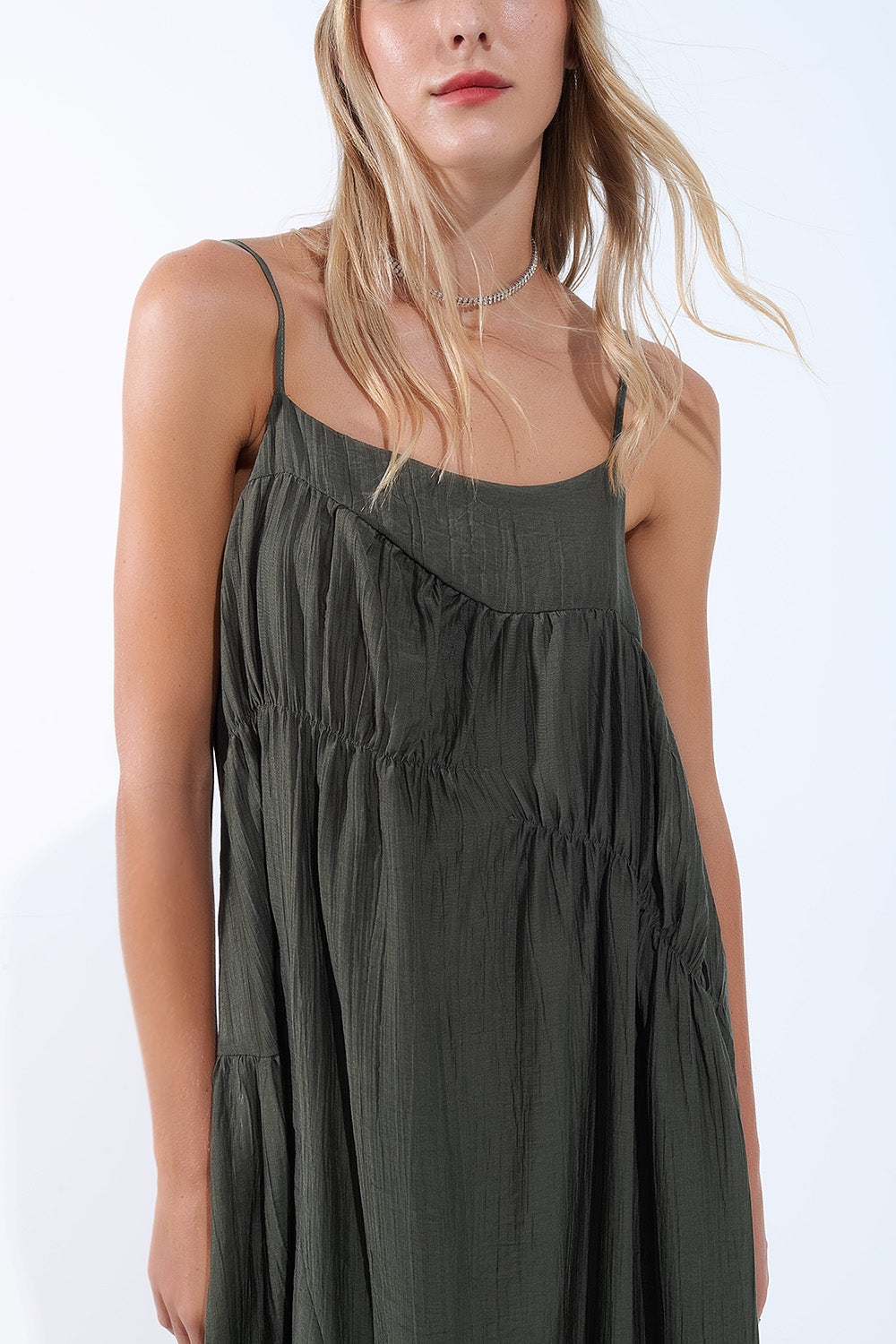 Khaki Midi Dress with Thin Straps and Crinkled Detail - dress