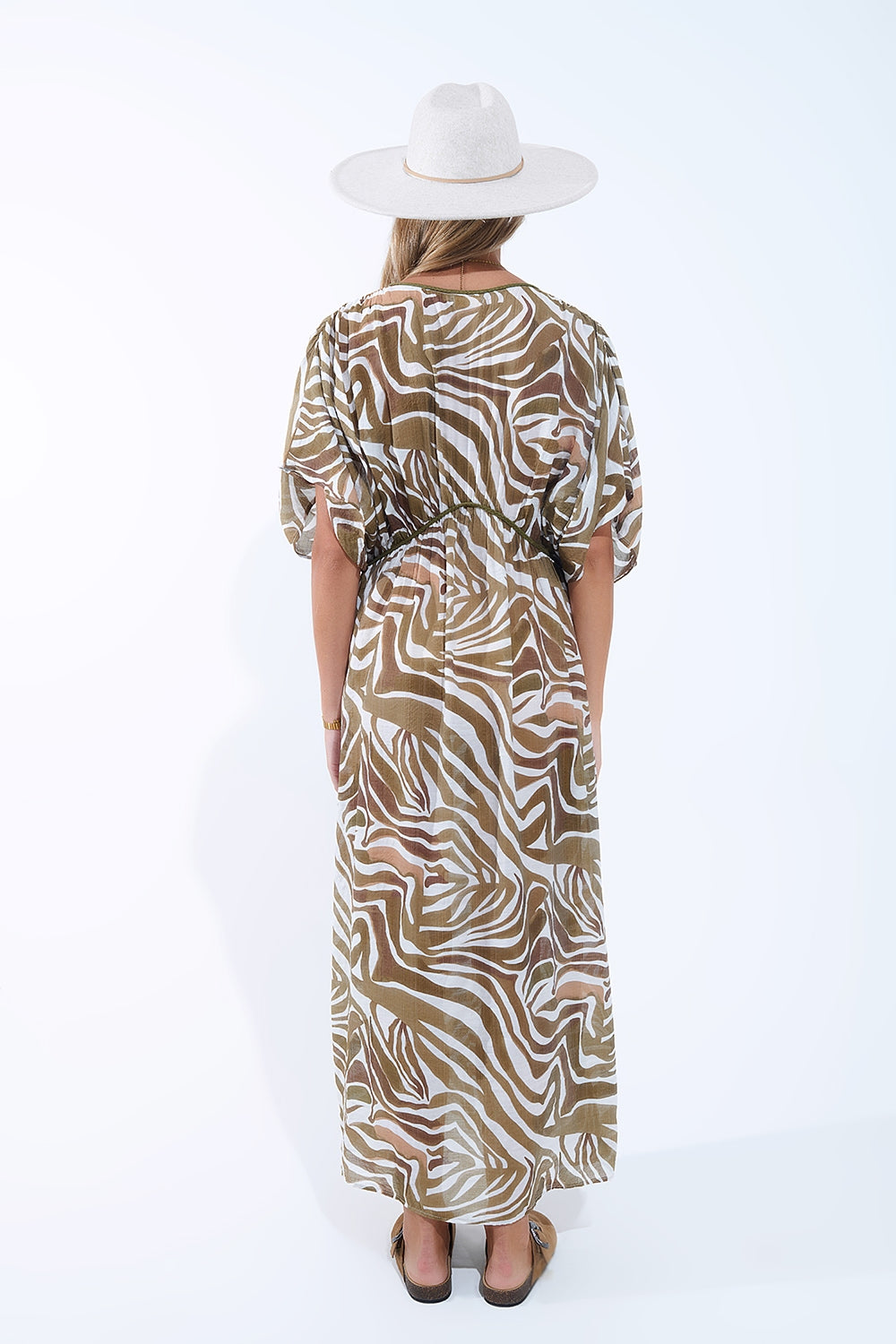 flowy chiffon Khaki Zebra Print Maxi Dress with Drawstring Waist - dress