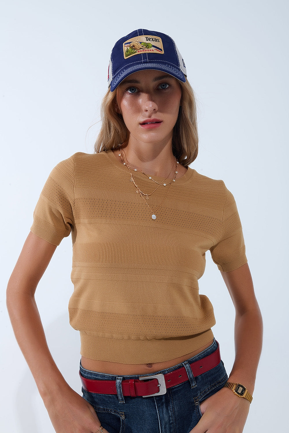 Textured Stripe Knit Sweater in Camel - jumper