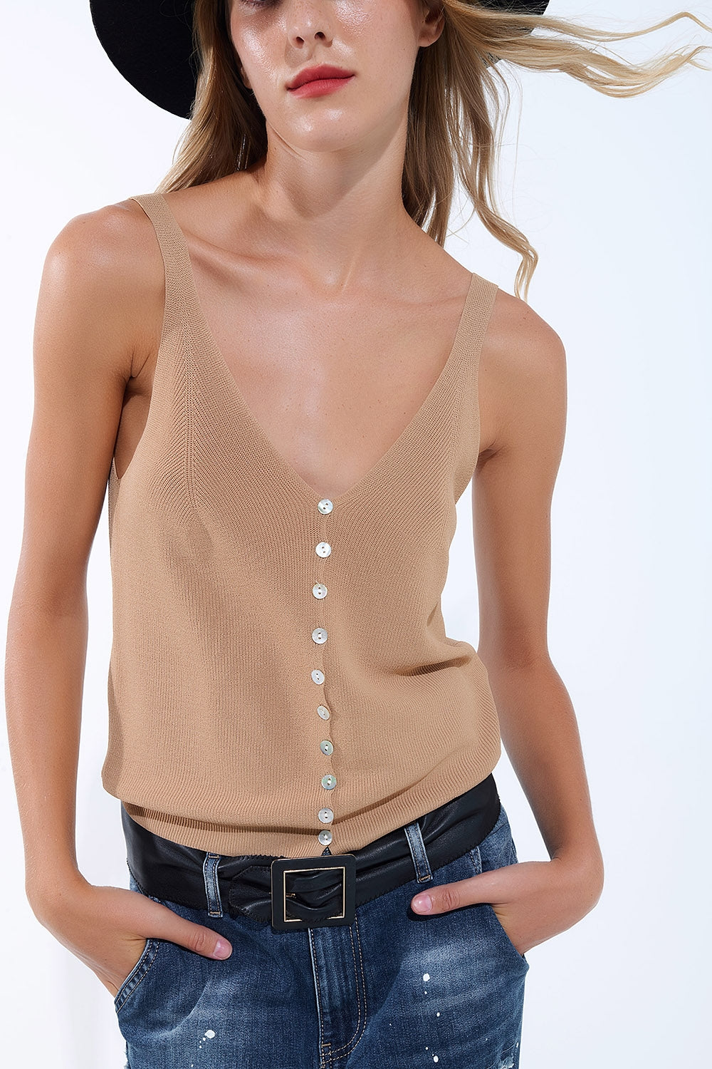 Camel Knit Buttoned Crop Top