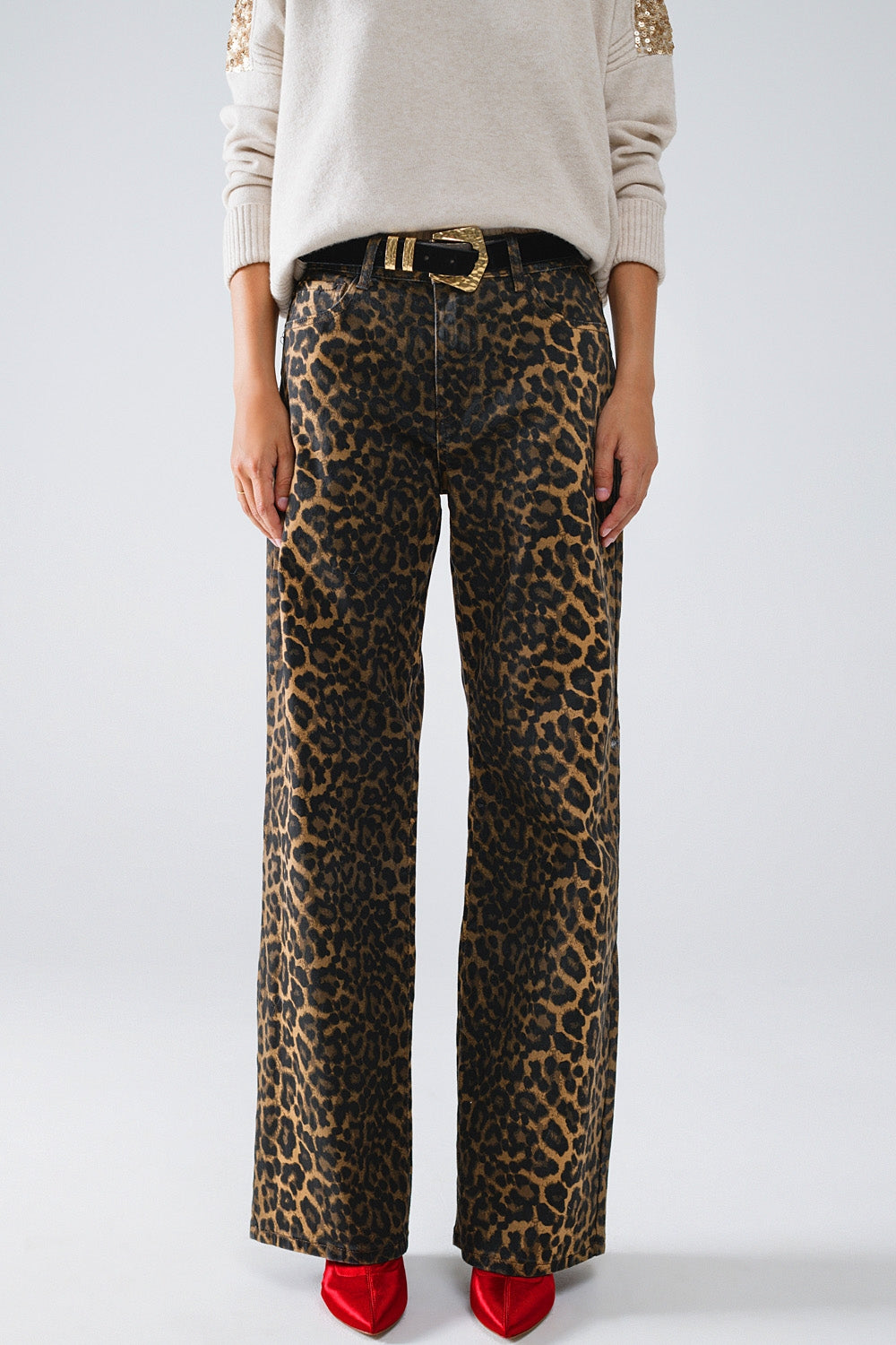 Leopard Print Straight Leg Jeans - trousers