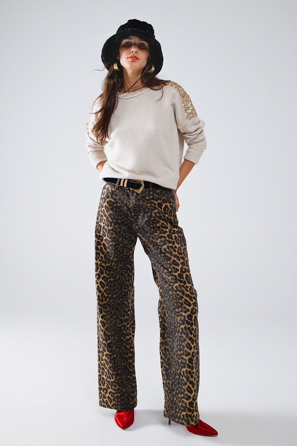 Leopard Print Straight Leg Jeans - trousers
