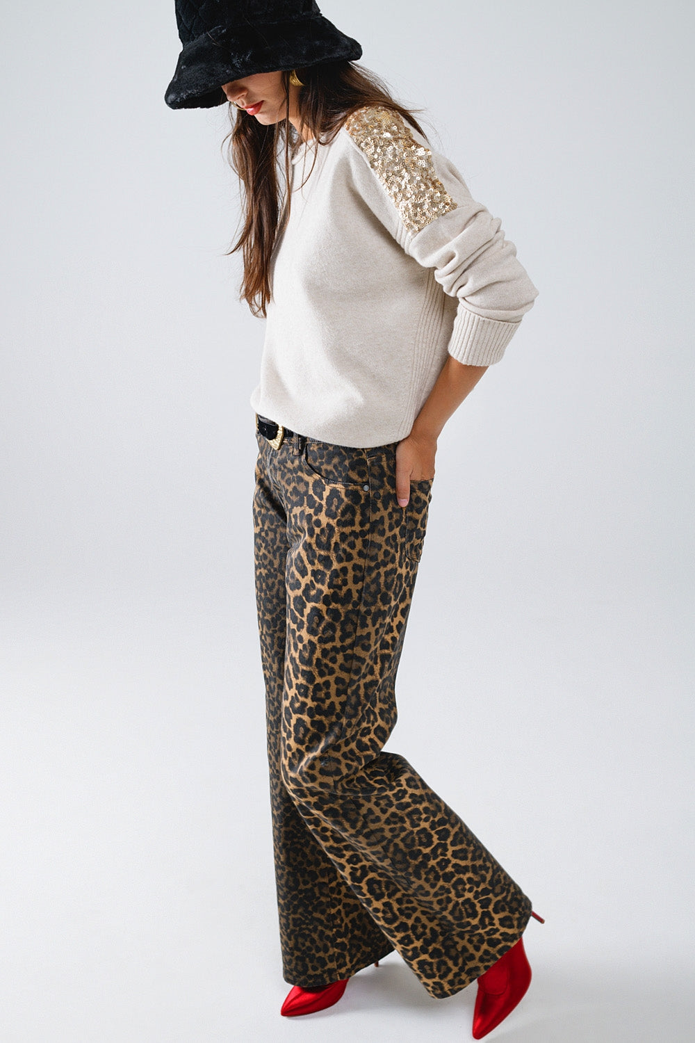 Leopard Print Straight Leg Jeans - trousers