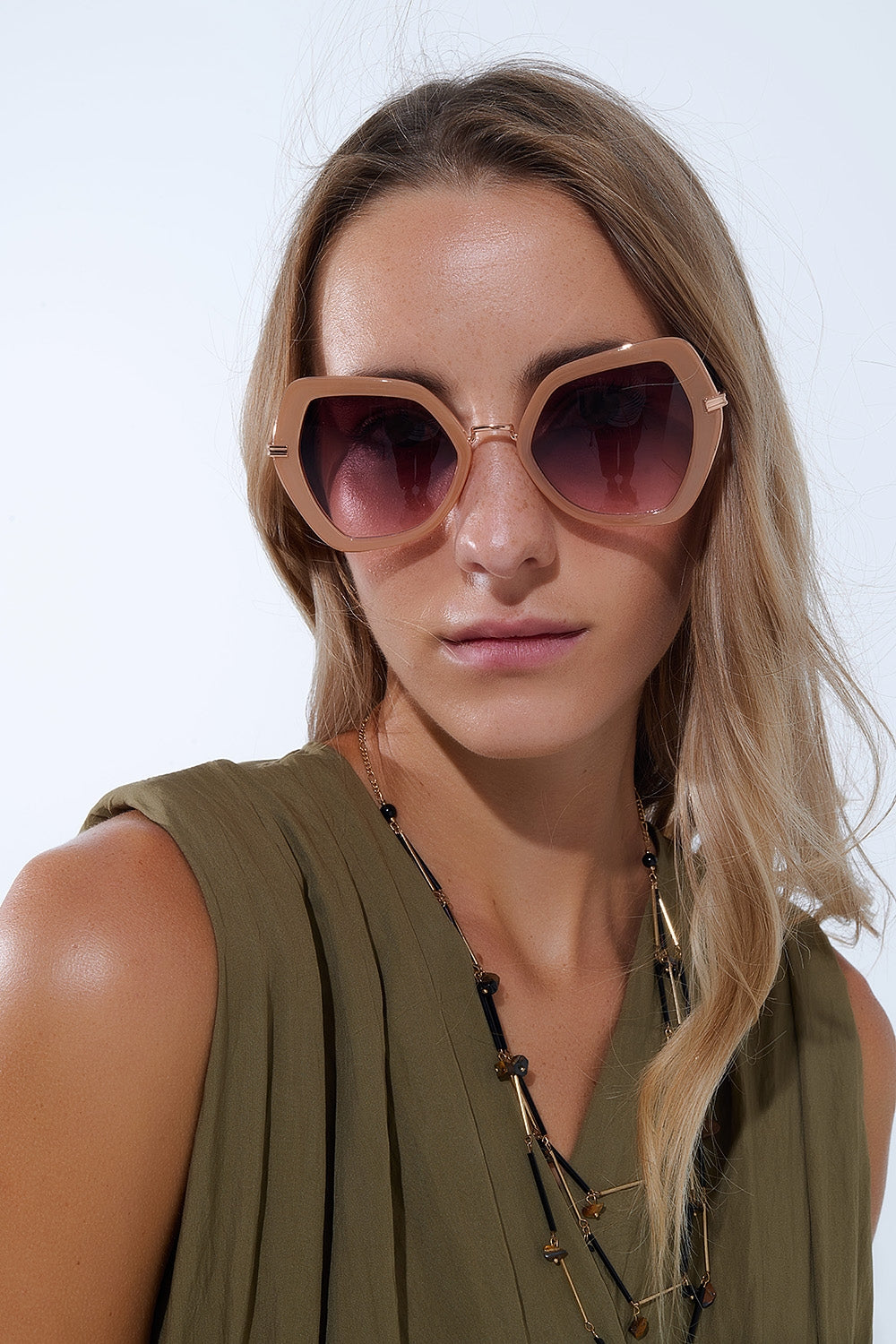 Extra Large Hexagonal Cat Eye Sunglasses in Beige