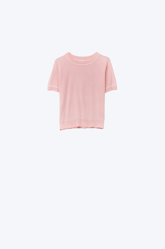 Light Pink Short Sleeve Knit Top with White Contrast Trims