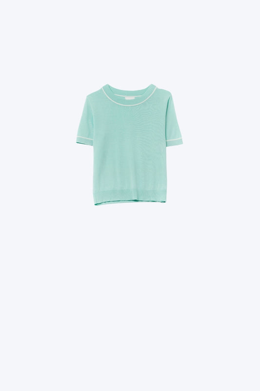 Mint Green Short Sleeve Knit Top with White Contrast Trims