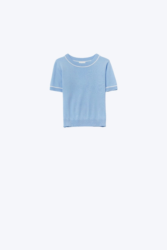 Baby Blue Short Sleeve Knit Top with Contrast Trims - Jumpers
