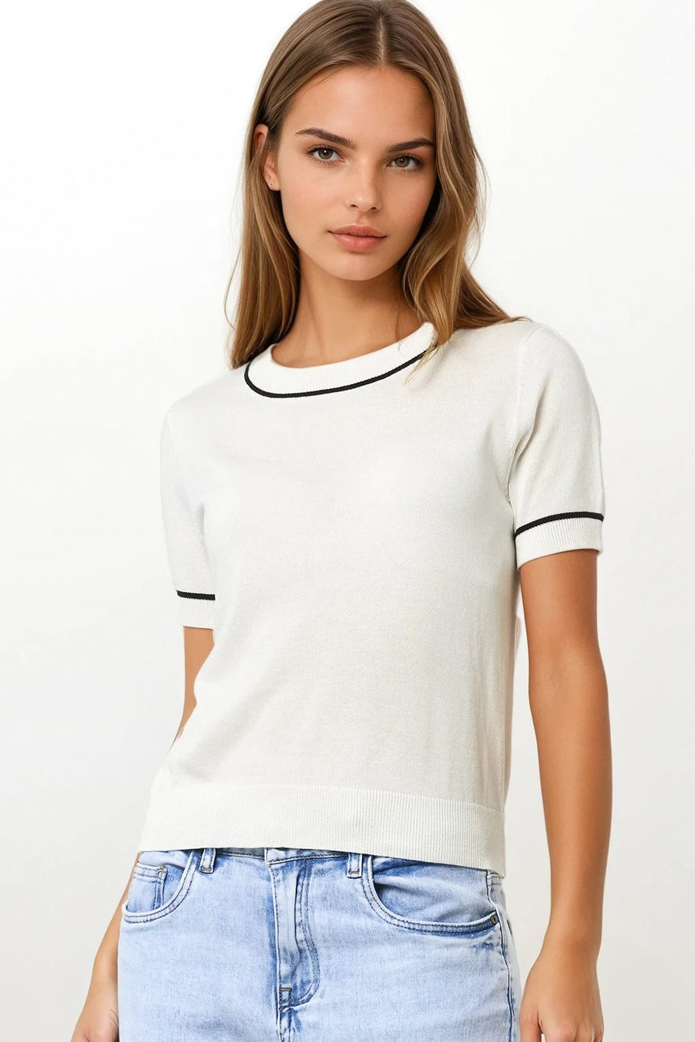 White Short Sleeve Knit Top with Black Contrast Trims