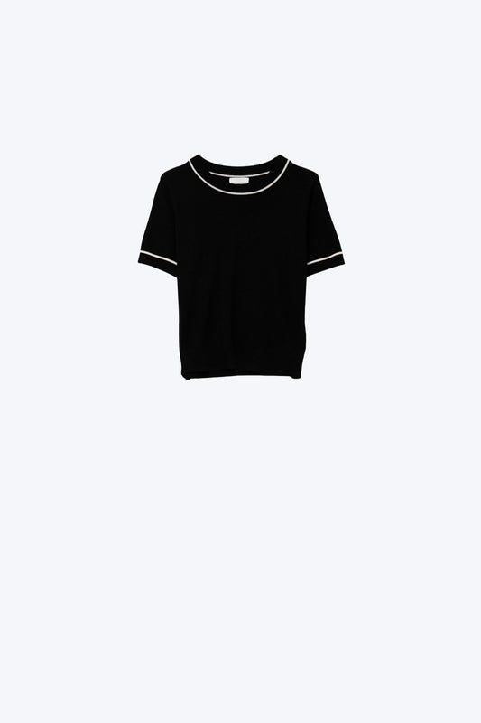 Black Short Sleeve Knit Top with Contrast Trims - Jumpers