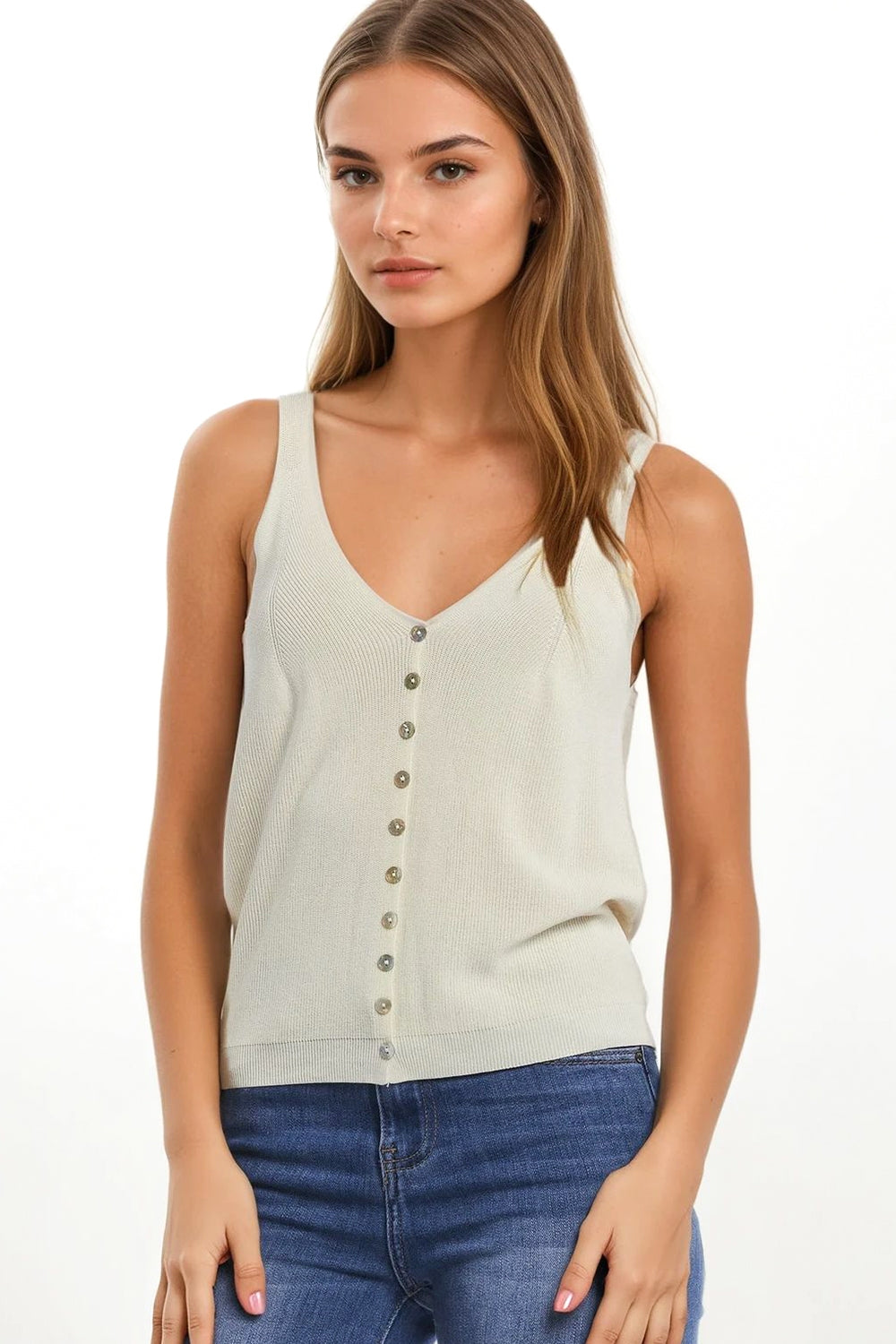 beige Knit Buttoned Crop Top