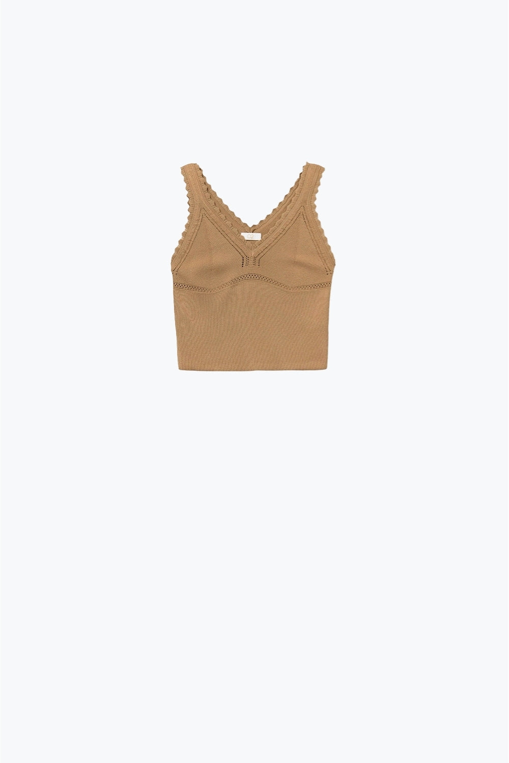 Camel Ribbed Knit Top with Scalloped V-Neck