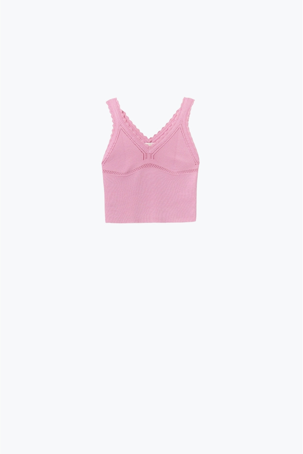 Pink Ribbed Knit Top with Scalloped V-Neck