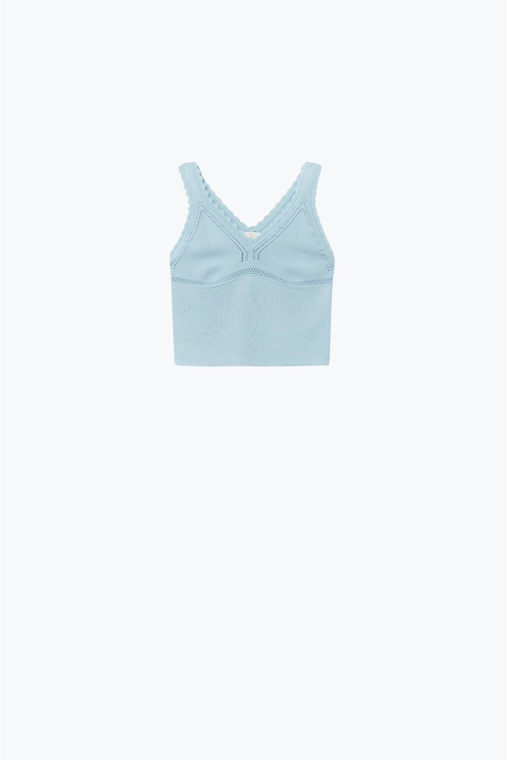 Baby Blue Ribbed Knit Top with Scalloped V-Neck