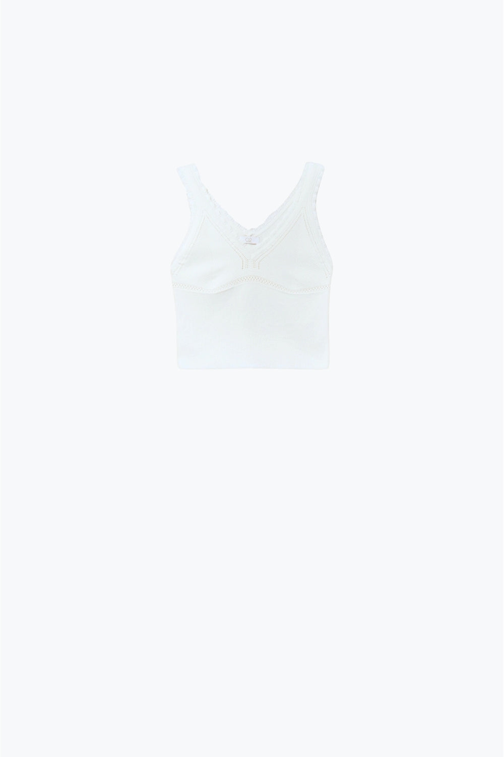 White Knit V-Neck Top with Scalloped Edges