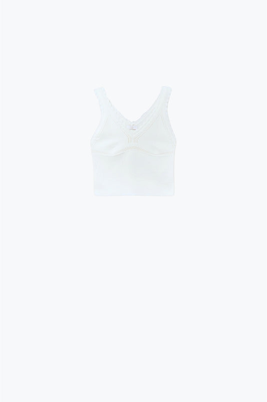 White Knit V-Neck Top with Scalloped Edges - Tops