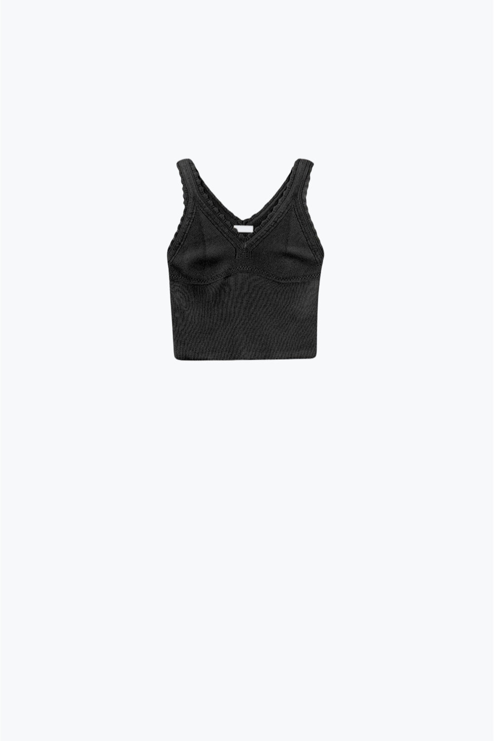 Black Knit V-Neck Top with Scalloped Edges