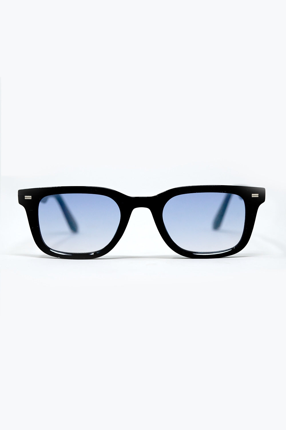 Black Square Sunglasses with Blue Gradient Lenses and metal side detail