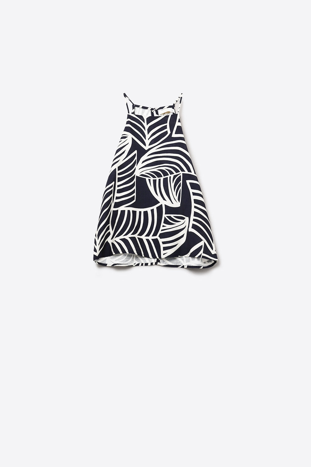 Navy and White Sleeveless Halter Top with White Leaf Print