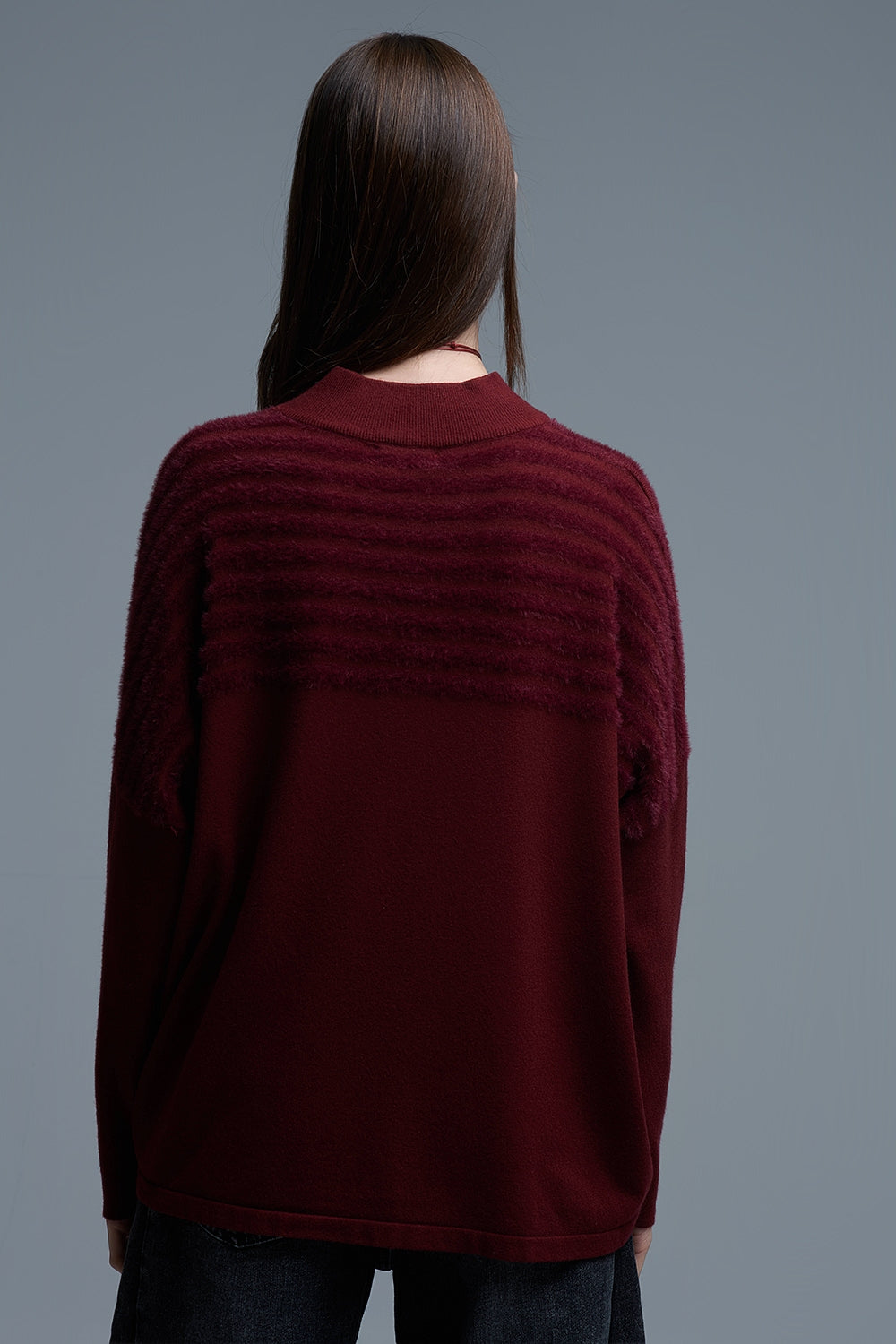 High Neck relaxed Sweater With Textured Stripes in Burgundy